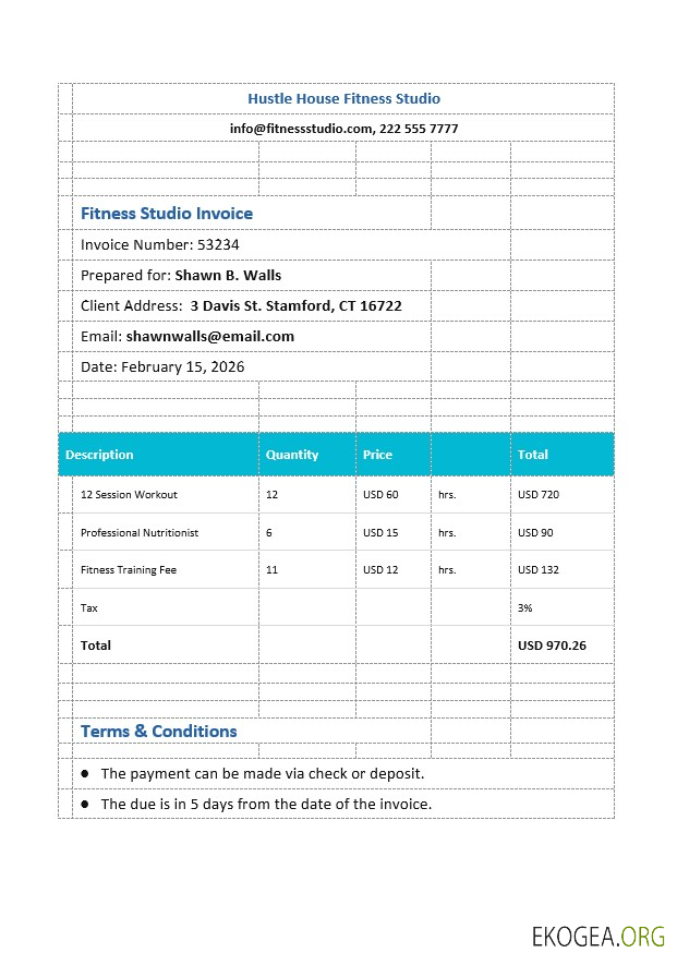 Modèle de facture de studio de remise en forme